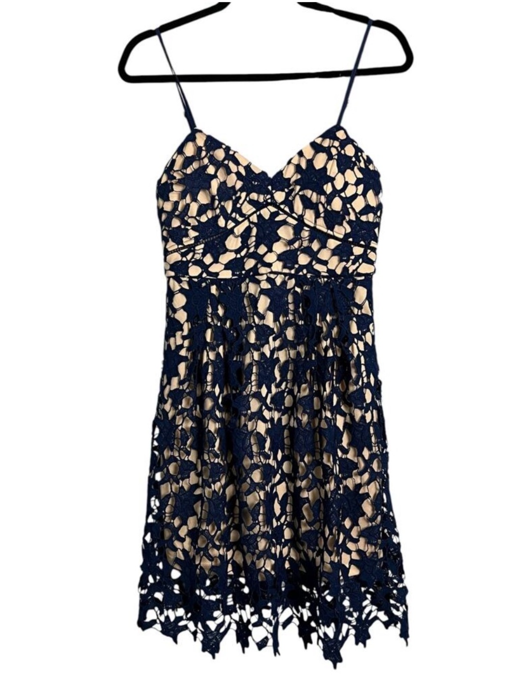 Navy Floral Lace Mini Dress w/Nude Lining Fairy Cottage Coquette Illusion